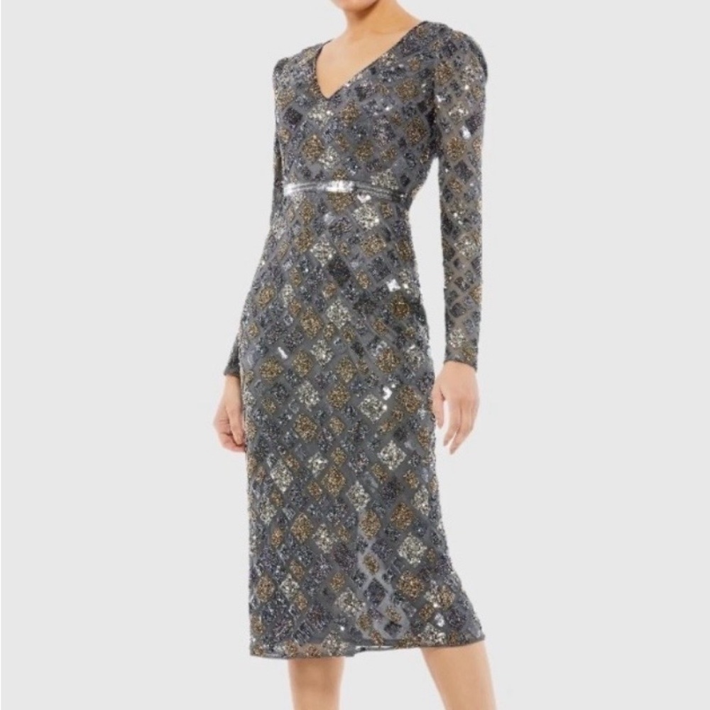 NWT Mac Duggal Sequined Long-Sleeve V-Neck Midi Dress in charcoal  size 14
